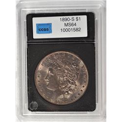 1890-S MORGAN SILVER DOLLAR, CCGS MS-64 SCARCE