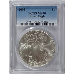 2005 AMERICAN SILVER EAGLE, PCGS MS-70 RARE LISTS IN PCGS PRICE GUIDE AT $700.00