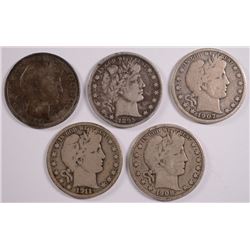 (5) BARBER HALF DOLLARS (1892, 1895, 1907-O, 1908-D, 1911-S)