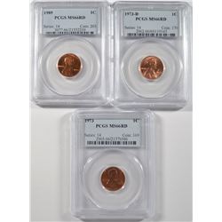 LOT OF ( 3 ) PCGS GRADED MS-66 RED LINCOLN CENTS: 1973,  1973-D, 1989