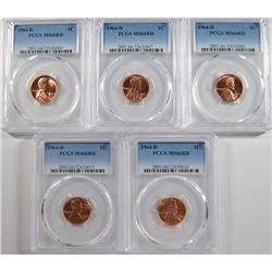 ( 5 ) 1964-D LINCOLN CENTS, PCGS MS-66 RED