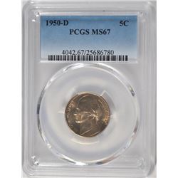 1950-D JEFFERSON NICKEL, PCGS MS-67!  RARE HIGH GRADE!