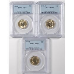 ( 3 ) 1945-D JEFFERSON NICKELS, PCGS MS-66