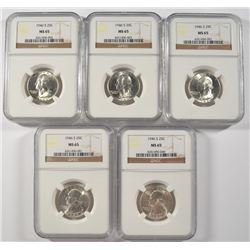 ( 5 ) 1946-S WASHINGTON QUARTERS, NGC MS-65