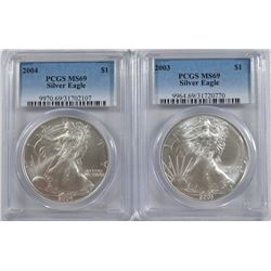 2003 & 2004 AMERICAN SILVER EAGLES, PCGS MS-69