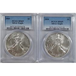 2004 & 2005 AMERICAN SILVER EAGLES, PCGS MS-69