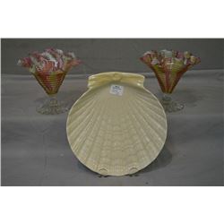 Pair of Victorian cased glass trumpet style tri-coloured comports with fluted edges 5  tall and a bl