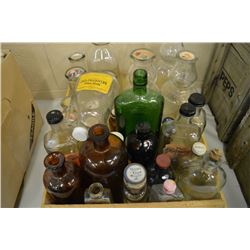 Wooden crate filled with jars and collectible bottles etc.