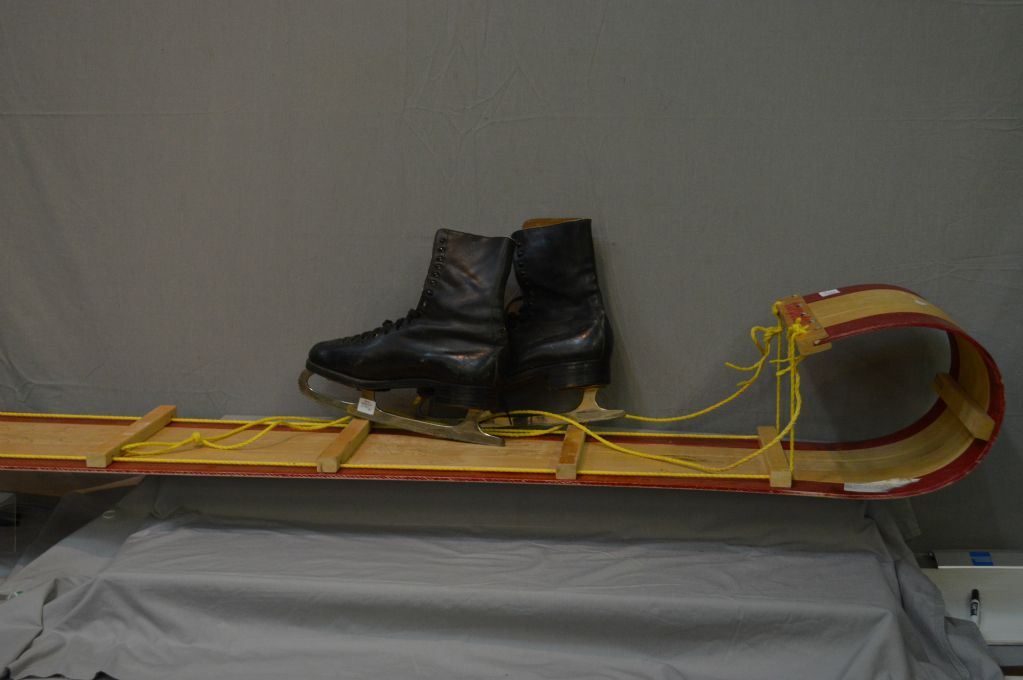 Small Canadian made wooden toboggan made by Torpedo and a pair of