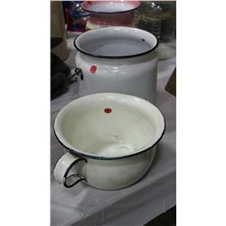 Enamel Chamber Pot & Enamelware Handled Pot - one money