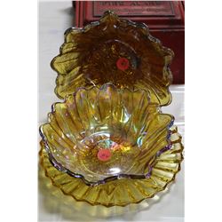2 pieces of Carnival Glass & 1 Amber Coloured Serving Plate - one money