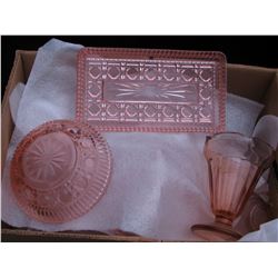 Box Lot of Amber Rose Depression Glass Dishes