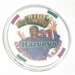 RARE-HARD TO FIND 1-1-2000 HARVEYS CASINO CHIP FROM CENTRAL CITY,CO. COMES IN A DISPLAY CASE!!