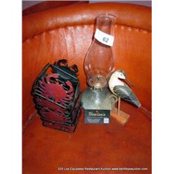 DECORATIONS: OIL LAMP, CINDIMENT HOLDERS, BIRD