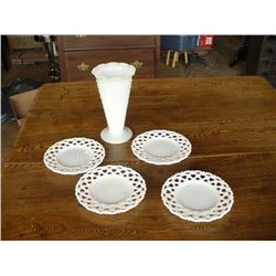 Milk Glass Vase & 4 Saucers