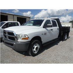 2011 DODGE R3500 Flatbed Truck, S/N 3D6WF4CT8BG627107, Crew Cab, V8 Gas, A/T, AC, Odometer Reading 9