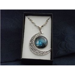 GLASS GALAXY PENDANT WITH A FILAGREE MOON ON A SILVERTONE CHAIN (L139-6)