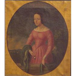 American School (19th Century), STANDING WOMAN, oil painting on canvas, 24 3/4 x 21 3/4", signe...