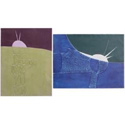 Contemporary School, UNTITLED, (Green); UNTITLED (Blue), 1968, two color intaglio prints, each...