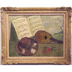 Gabriel Dauchot (b. 1927) French, STILL LIFE WITH MANDOLIN, 1956, oil painting on canvas, 28 x...