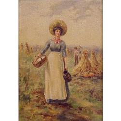 European School (19th Century), WOMAN IN FIELD, oil painting on board, 10 x 7", framed. $200/40...