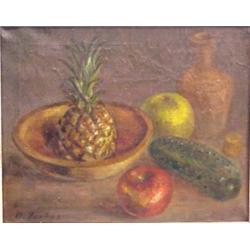 Donald Forbes (1905-1951) American, STILL LIFE WITH FRUIT & CUCUMBER, oil painting on canvas, 1...