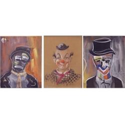 French School (20th Century), CLOWNS, each a color gouache, one on board and two on paper, two...