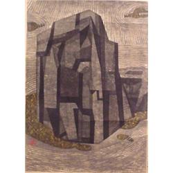 Okile Hashimoto (20th Century) Japanese, ROCK FORMATION, 1960, color woodcut print, signed in p...
