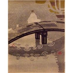 Okile Hashimoto (20th Century) Japanese, BRIDGE, 1960, color woodcut print, signed in pencil, f...