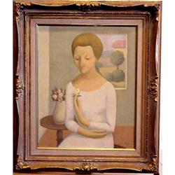Italian School (20th Century), WOMAN WITH FLOWER, 1967, oil painting on canvas, 19 3/4 x 15 3/4...
