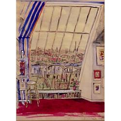 Rowe Langston (20th Century), PARIS VIEW FROM A WINDOW, ink and watercolor on paper, 19 3/4 x 1...