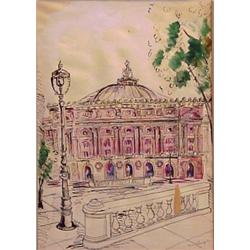 Rowe Langston (20th Century), PARIS SCENE, ink and watercolor on paper, 20 x 14", signed lower...