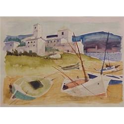 Charles Levier (b. 1920) French, BEACHED BOATS, watercolor on paper, 16 x 22", signed lower rig...