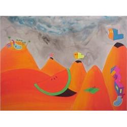 Hal Meltzer (20th Century), MELON IN LANDSCAPE, 1986, oil painting on canvas, 36 3/4 x 48", tit...