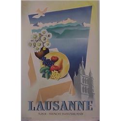 Poster: Travel (by Jean Walther), LAUSANNE SWITZERLAND, 1947, color lithograph poster, signatur...