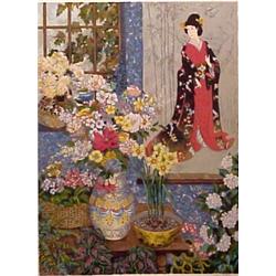 John Powell (20th Century) American, ASIAN WOMAN WITH FLOWERS, color lithograph, signed in penc...