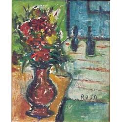 Rosa (20th Century), STILL LIFE WITH VASE, acrylic painting on canvas, 18 x 14 1/2", signed 'Ro...