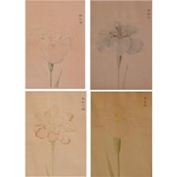 Oriental School (20th Century), FLOWERS, four embossed color lithographs, stamped upper right,...