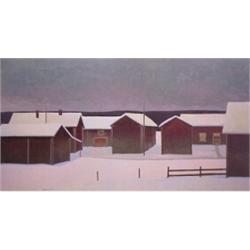 Juhani Palmu (b. 1944) Finnish, VILLAGE IN WINTER, oil painting on canvas, 42 x 74", signed low...