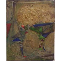 Elsa Warner (b. 1900) American, UNTITLED, mixed media painting with collage on board, 24 x 19"....