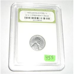 1943 WWII STEEL LINCOLN WHEAT PENNY CERTIFIED BY INB *EMERGENCY ISSUE* SERIAL # 2213189765!! COIN CA