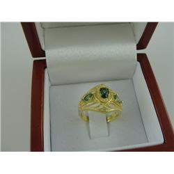 STERLING SILVER AND GOLD FINISHED GREEN QUARTZ RING SET WITH 2 DIAMONDS