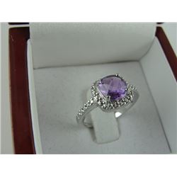 STERLING SILVER CUSHION CUT PURPLE AMETHYST AND DIAMOND DINNER RING