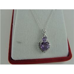 DOUBLE HEART CUT PURPLE AMETHYSTS AND DIAMOND NECKLACE. STERLING SILVER