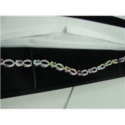 NEW LADIES STERLING SILVER MULTI GEMSTONE BRACELET - 12 OVAL ASSORTED GENUINE GEMSTONES