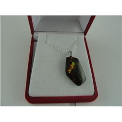 CANADIAN FREE FORM AMMOLITE NECKLACE. GREAT YELLOW ORANGE AND GREEN COLOUR PLAY. STERLING SILVER