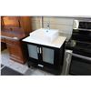 Image 1 : MARBLE TOP BATHROOM CABINET WITH WHITE SINK - MINOR DAMAGE TO MARBLE TOP (DEEP SCRATCH)