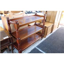 MID TO LATE 1800S 3 TIER MAHOGANY ROLLING CART WITH PORCELAIN WHEELS