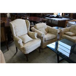 3PC OFF WHITE FLORAL PATTERN UPHOLSTERED SOFA SET; SOFA WITH ARM CHAIR AND WING BACK CHAIR