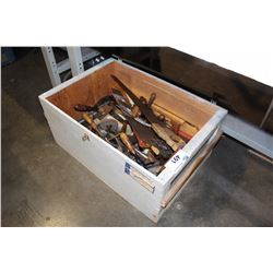 WOODEN CHEST FILLED WITH ASSORTED WOOD WORKERS TOOLS